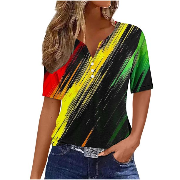 Blusas de Verano de las Mujeres Casual Gradiente Manga Corta V-Cuello Superior, Ligera Imitación de Tela de Estante para la Primavera Y el Verano Diario Y de Fiesta