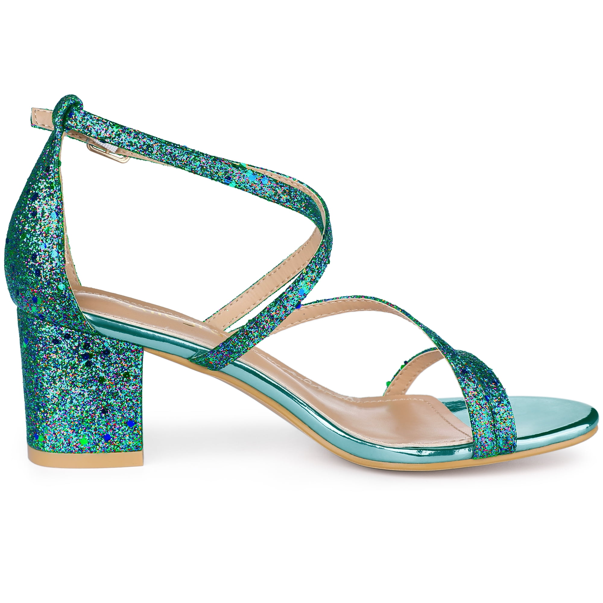 Unique Bargains Women's Open Toe Sandal Glitter Crisscross Strap Chunky Heel Sandals
