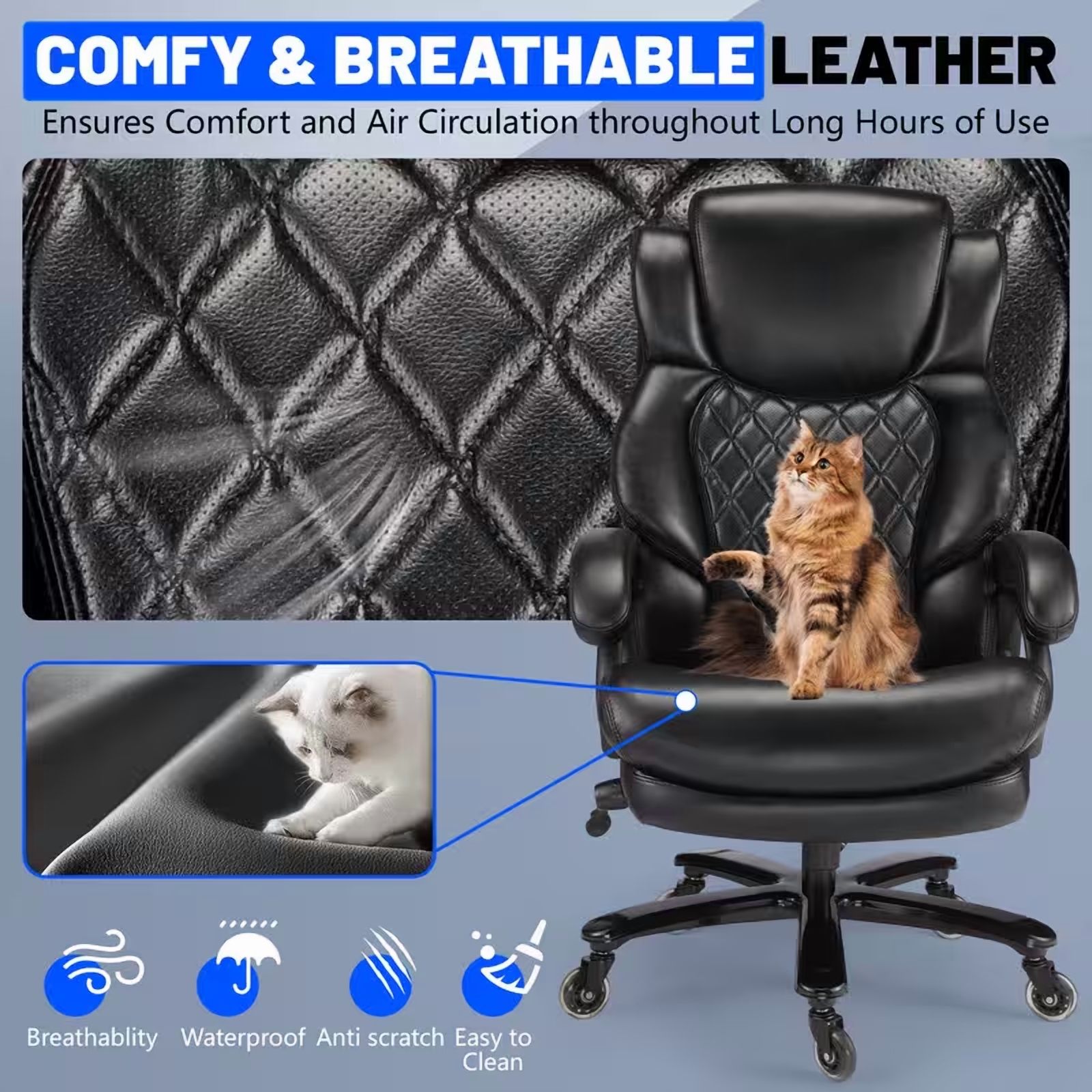 Qusaphy 800lb Heavy Duty Executive Chair, Leather Office Chair with Adjustable Lumbar Support & Headrest, Double-Layer Cushion Ergonomic Desk Chair