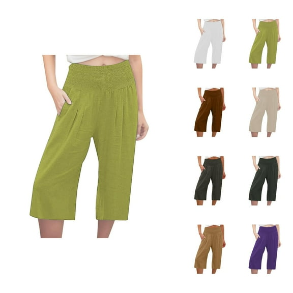 Capri Pants for Women 2025 Solid Color Linen Elastic Waist Casual Loose Capris with Pockets Womens Cropped Pants