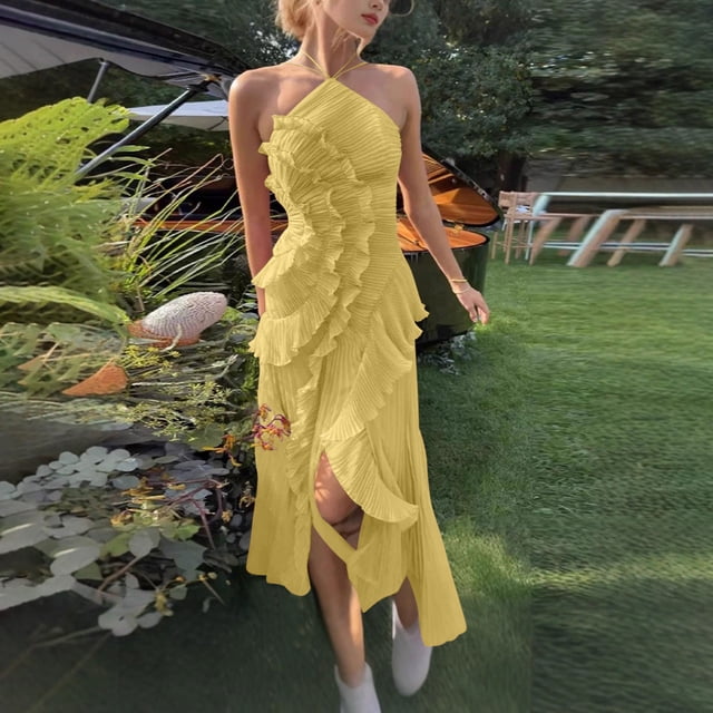 TaTaai Women's Chiffon V-Neck Spaghetti Strap Midi Dress Ruffle Pleated Design Flowy Long Dress Slim Fit Casual Dress for Daily Vacation Gift