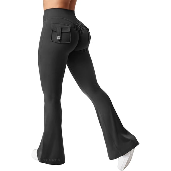 Flare Leggings with Pockets for Women Scrunch Workout Leggings Butt Lifting Gym Yoga Pants Work Pants Black S