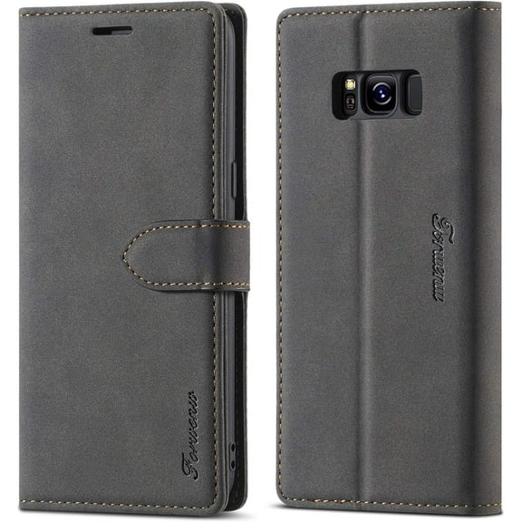 Case for Samsung Galaxy S8 Plus, Vintage Wallet Folio Flip Cover Full Coverage Premium Leather Case with Magnetic Closure Kickstand Card Slots - Black