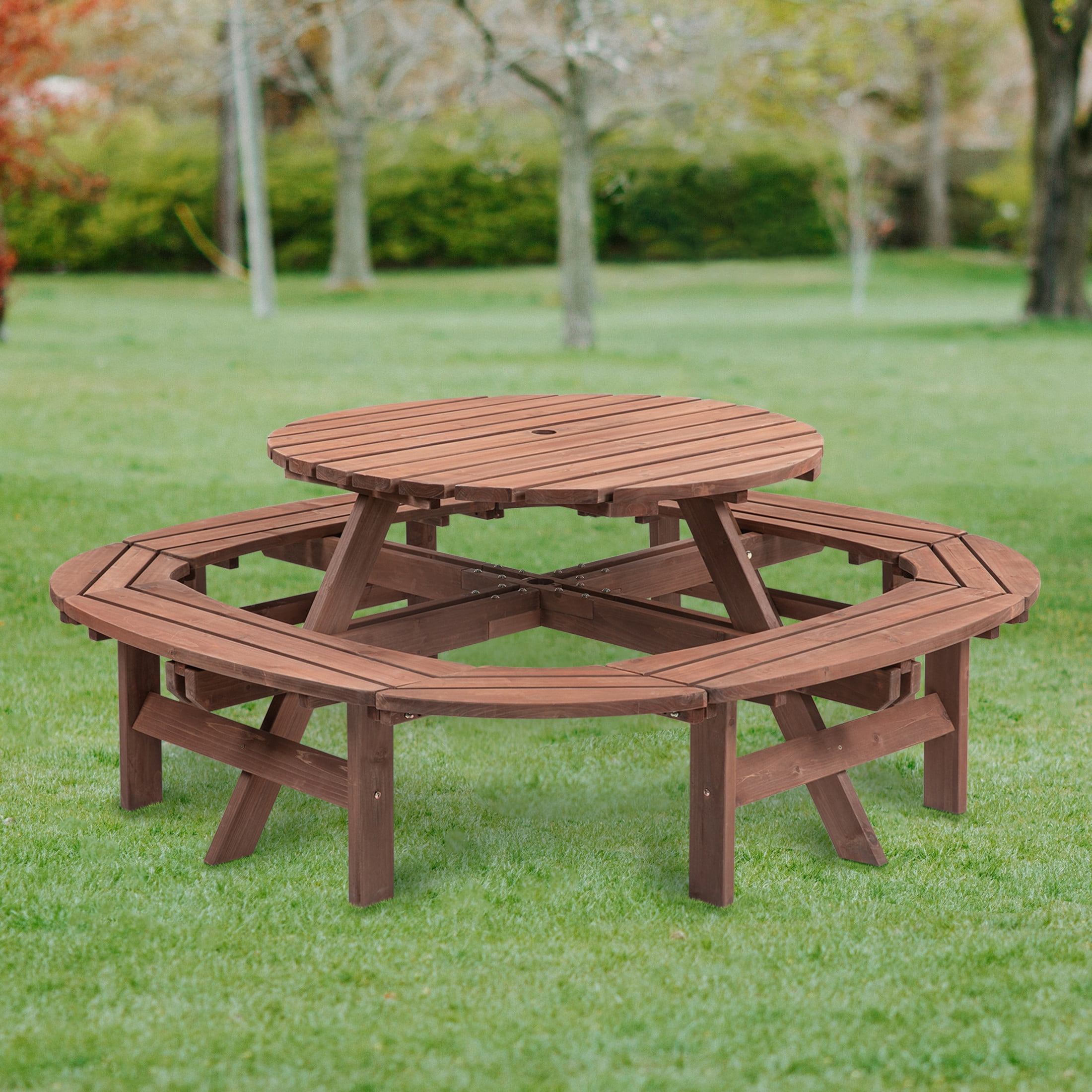 Noble House Lavinia Round Outdoor Fir Wood Picnic Table with Connected Ring Stool, for Patio, Backyard, Garden, Brown