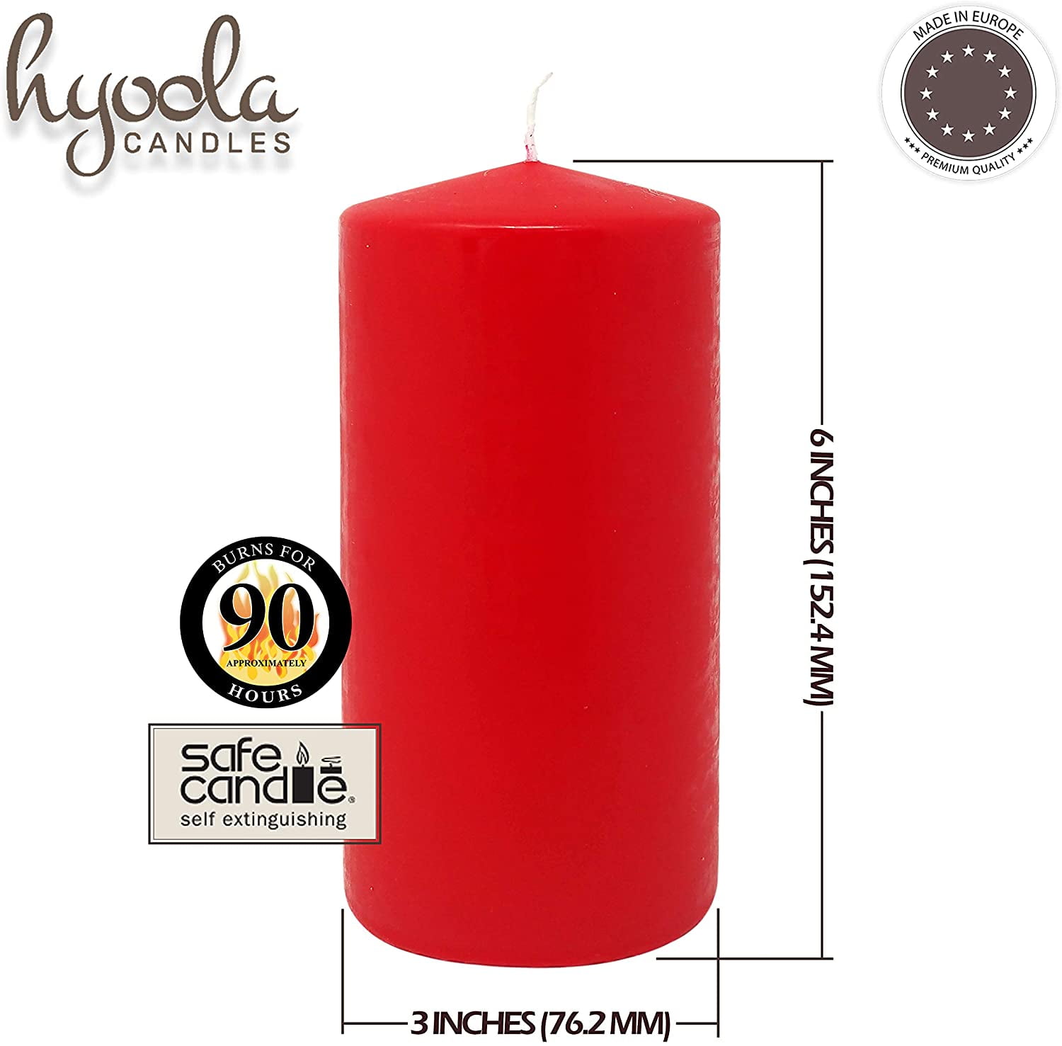 Hyoola 3 x 6 Red Unscented European Made Pillar Candles, Dripless Paraffin Wax with Smokeless Cotton Wicks, 12-Pack