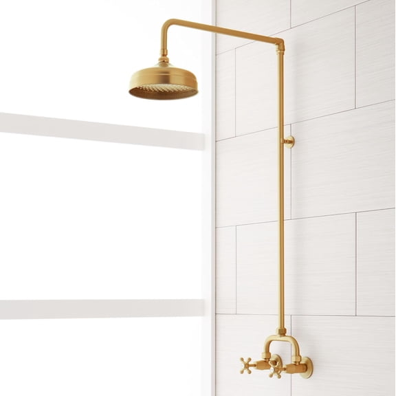 Open Box Signature Hardware 485531 Baudette Exposed Pipe Shower System with Rainfall Shower Head, Shower Arm, and Cross Handles, Brushed Gold -67 In Stock