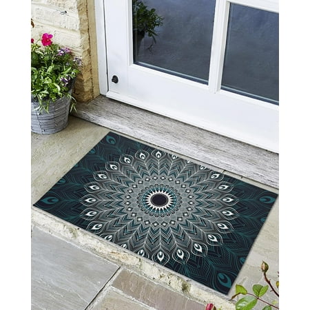 

Front Door Mat Non-Slip Absorbent Door Entry Mats Doormats Indoor/Outdoor Entrance Ethnic Retro Style Bohemian Abstract Peacock Feather Image Doormat - Floor Mats for Home 24x16 Inch