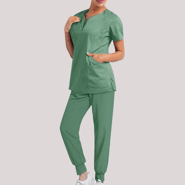 DPTALR Women Solid Color Loose Pants Multiple Pocket Caregiver Nursing Uniform Short Sleeve Zipper V-Neck Set