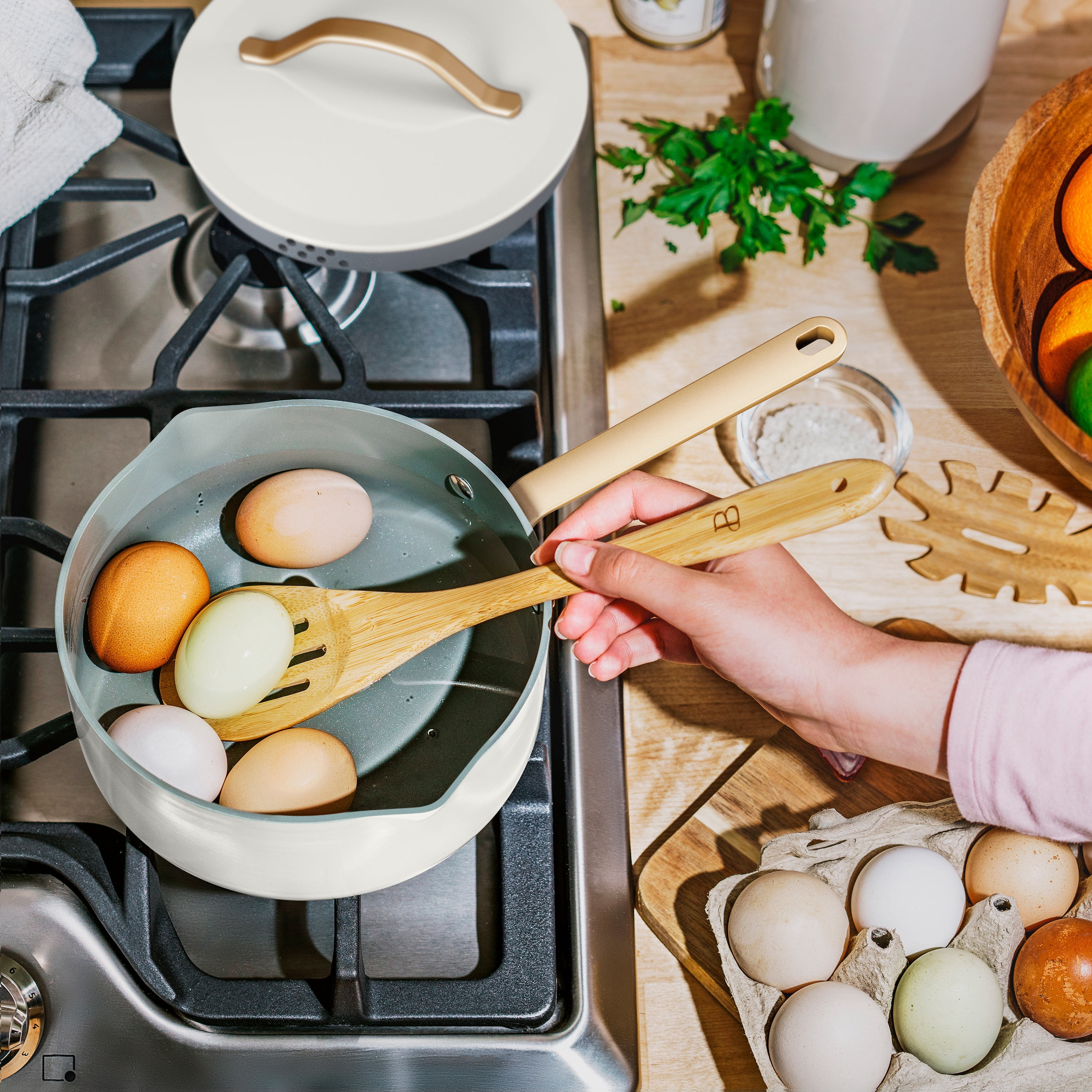 Beautiful 18-Piece Ceramic Nonstick Cookware Set, Pots & Pans with Strainer Lids & Kitchen Utensils, White Icing by Drew Barrymore