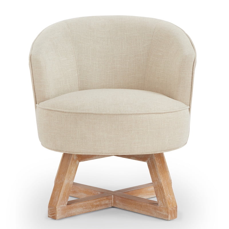 360° Swivel Accent Chair with Solid Wood, Linen Upholstered Barrel Chair, Cross Shaped Leg Armchair, Easy Assembly for Living Room, Beige