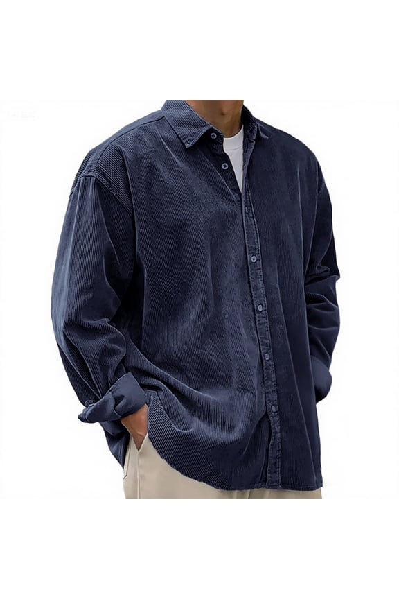 Mens Corduroy Button Down Shirt Jacket Casual Long Sleeve Lapel Collared Shacket Lightweight Textured Lounge Shirts Navy XL