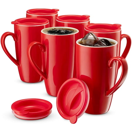 

MITBAK 6-Pack Ceramic Coffee Mug Set with Lids (16-Ounce) | Large Red Tumbler Mugs Great for Taking Your Coffee & Tea To-Go | Large Insulated Mug Set Excellent Choice for Camping Travel & Office