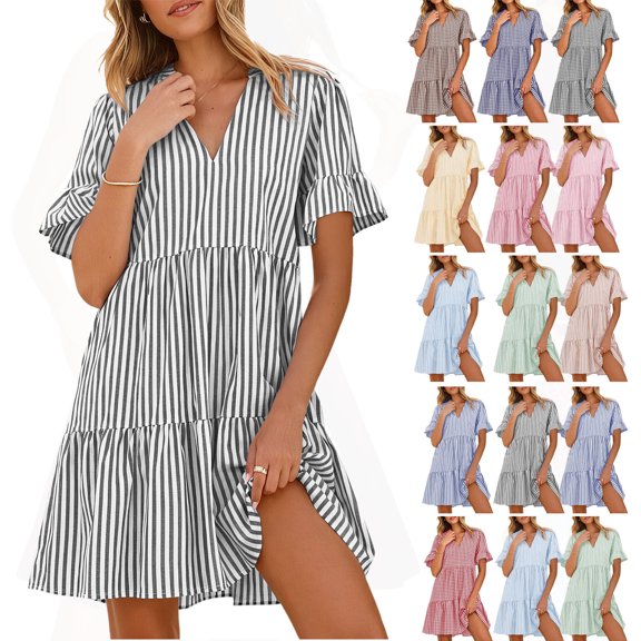 Womens Dresses Summer Ndbuld Women's Summer Striped V-neck Pleated Casual Mini Beach Dress With Pockets Black XXXL