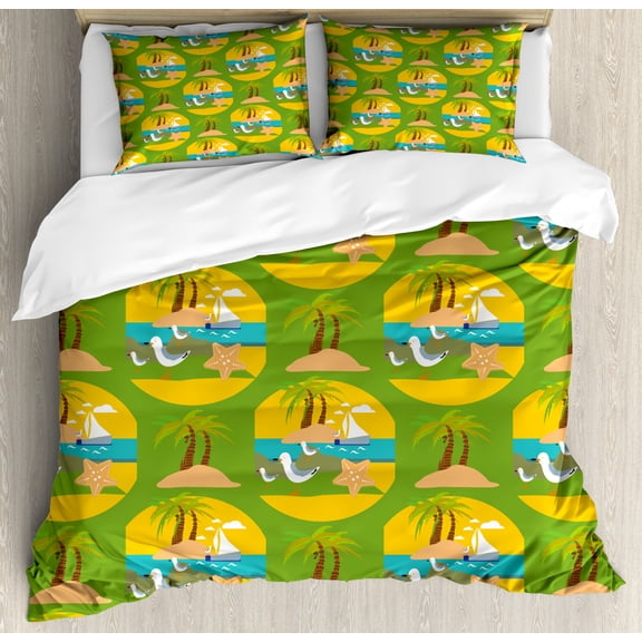 Marine Duvet Cover Set King Size, Continuous Pattern of Sailing Boat Seagull Tropic Island Palms Ocean, Decorative 3 Piece Bedding Set with 2 Pillow Shams, Lime Green and Multicolor, by Ambesonne