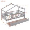 thumbnail image 7 of House Bed with 2 Drawers, Solid Wood Twin Size Platform Bed with Roof and Safety Guardrails, Low Montessori Bed, Playhouse Bed Tent Bed for Boys Girls Children Bedroom, No Box Spring Needed, Gray, 7 of 7