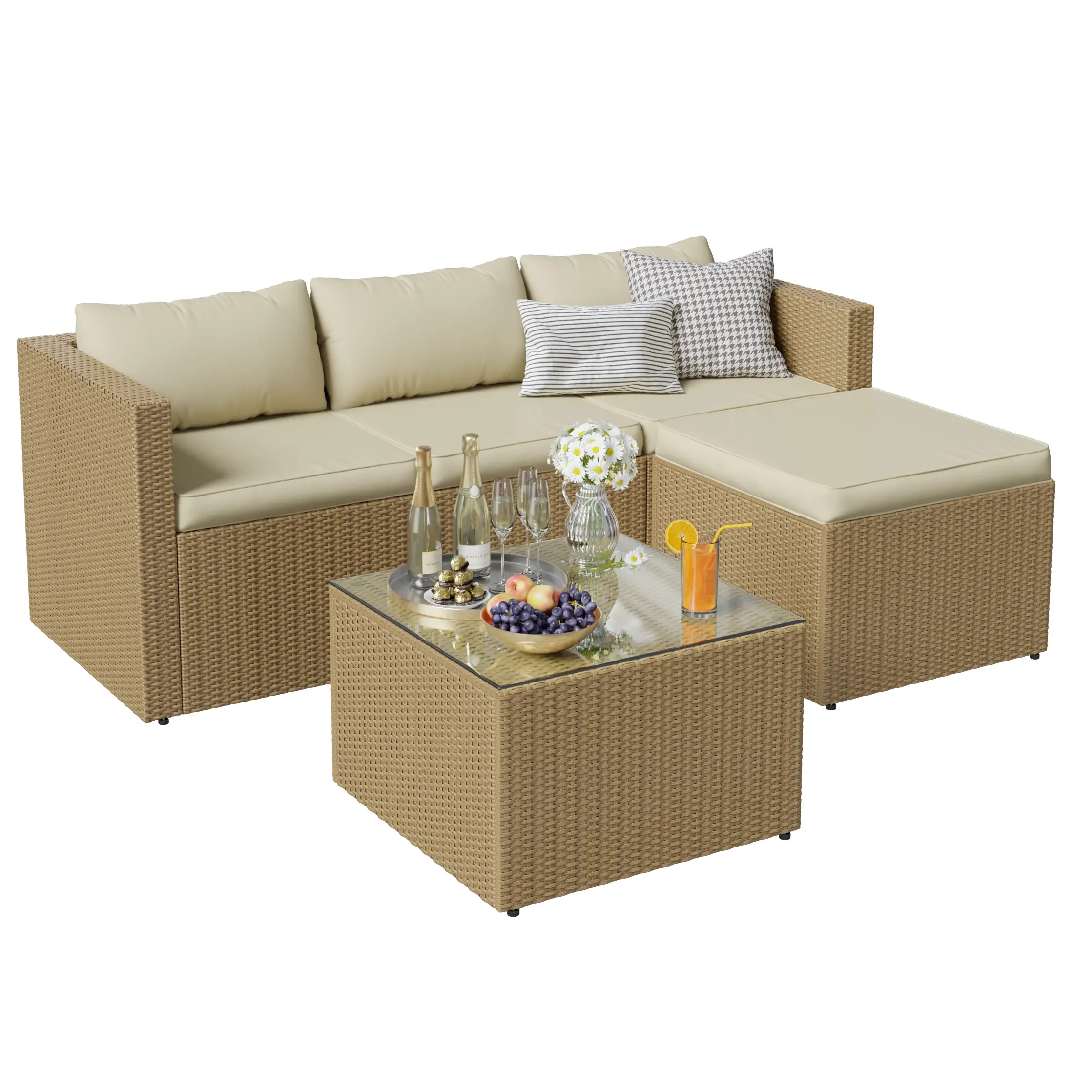 UDPATIO 5-Piece Patio Furniture Set,Outdoor Patio Furniture Set All-Weather Rattan Wicker Patio Conversation Set with Ottoman, Cushions & Glass Table for Garden & Backyard, Cream White