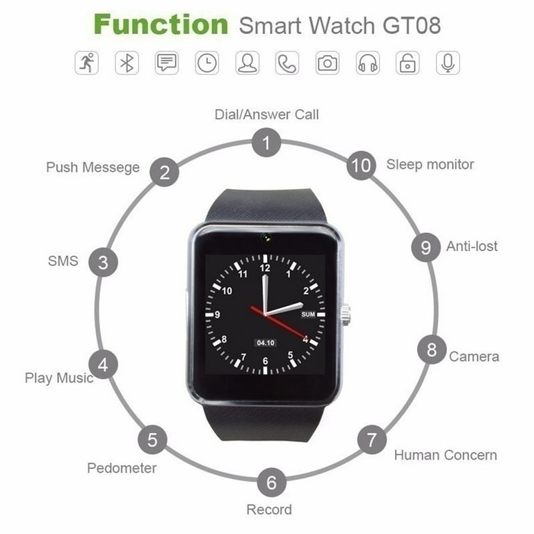 Bluetooth Smart Watch GT08 Wrist Wear Support Sync Smart Clock Sim