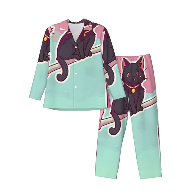 Balery Cats On Broomstick Pijama para Hombre de Dos Piezas con Manga Larga, Conjunto de Dormir y Descanso Suave con Bolsillos-Medium