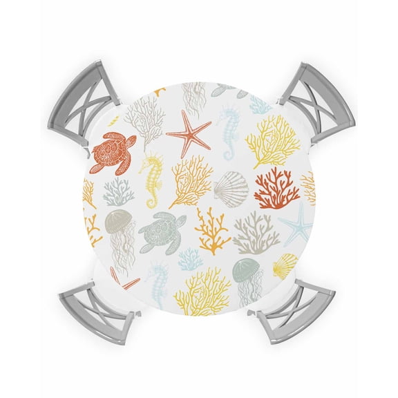 nqOlkjepod Orange Yellow Coastal Round Tablecloth, Fitted Table Cover with Elastic for 45"-54" Round Tables, Nautical Summer Beach Coral Sea Turtle Table Cloth Dinning Party Waterproof Tablecloths