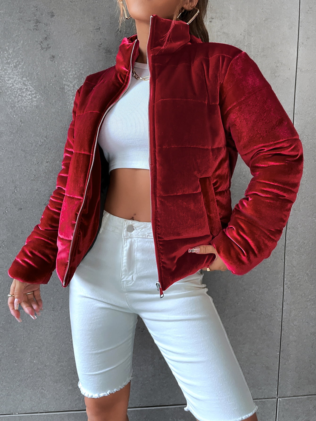 red velvet puffer jacket