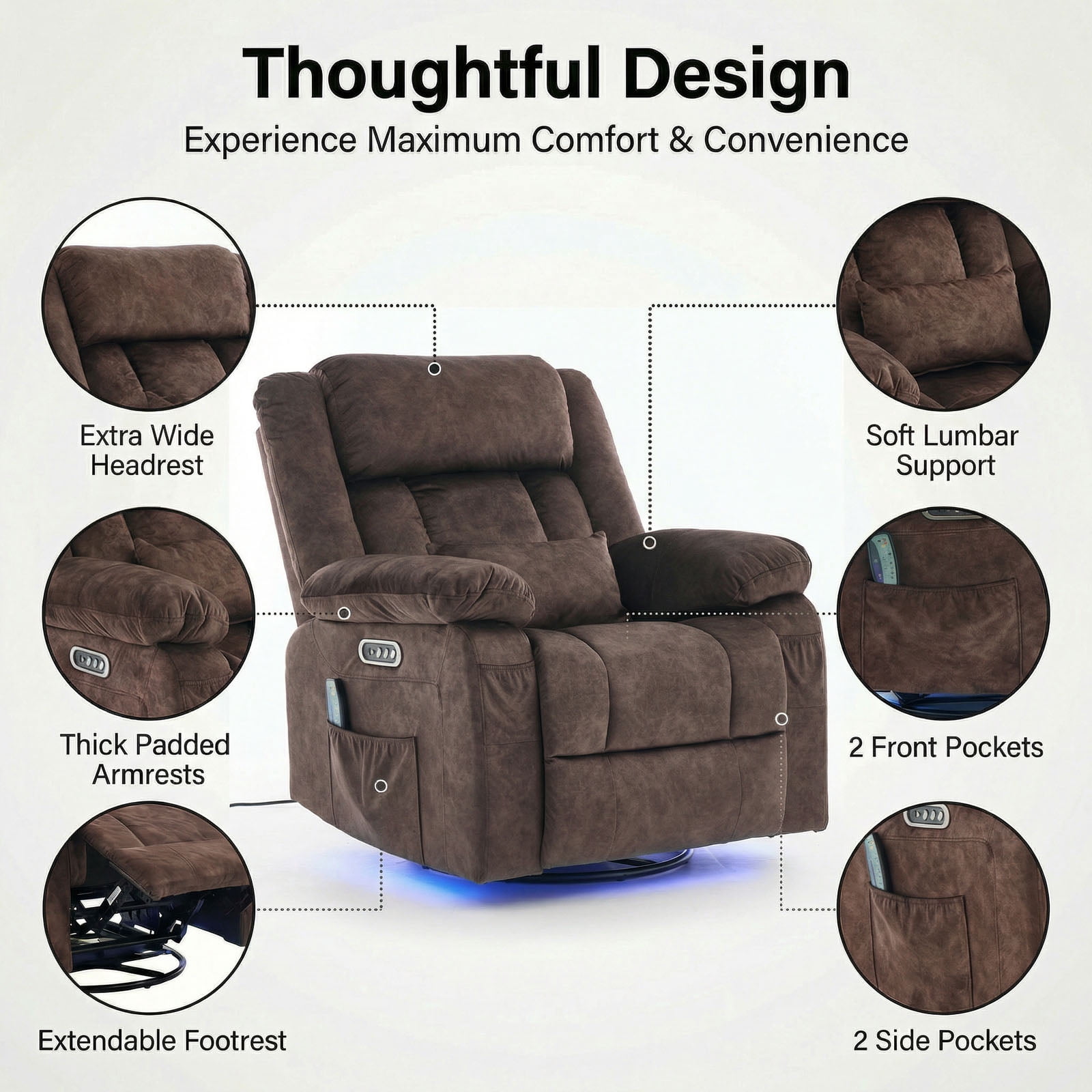 IPKIG Electric Power Recliner with Heat & Massage, 240° Swivel Rocking Chair for Living Room, LED Home Theater Recliner, Velvet Brown