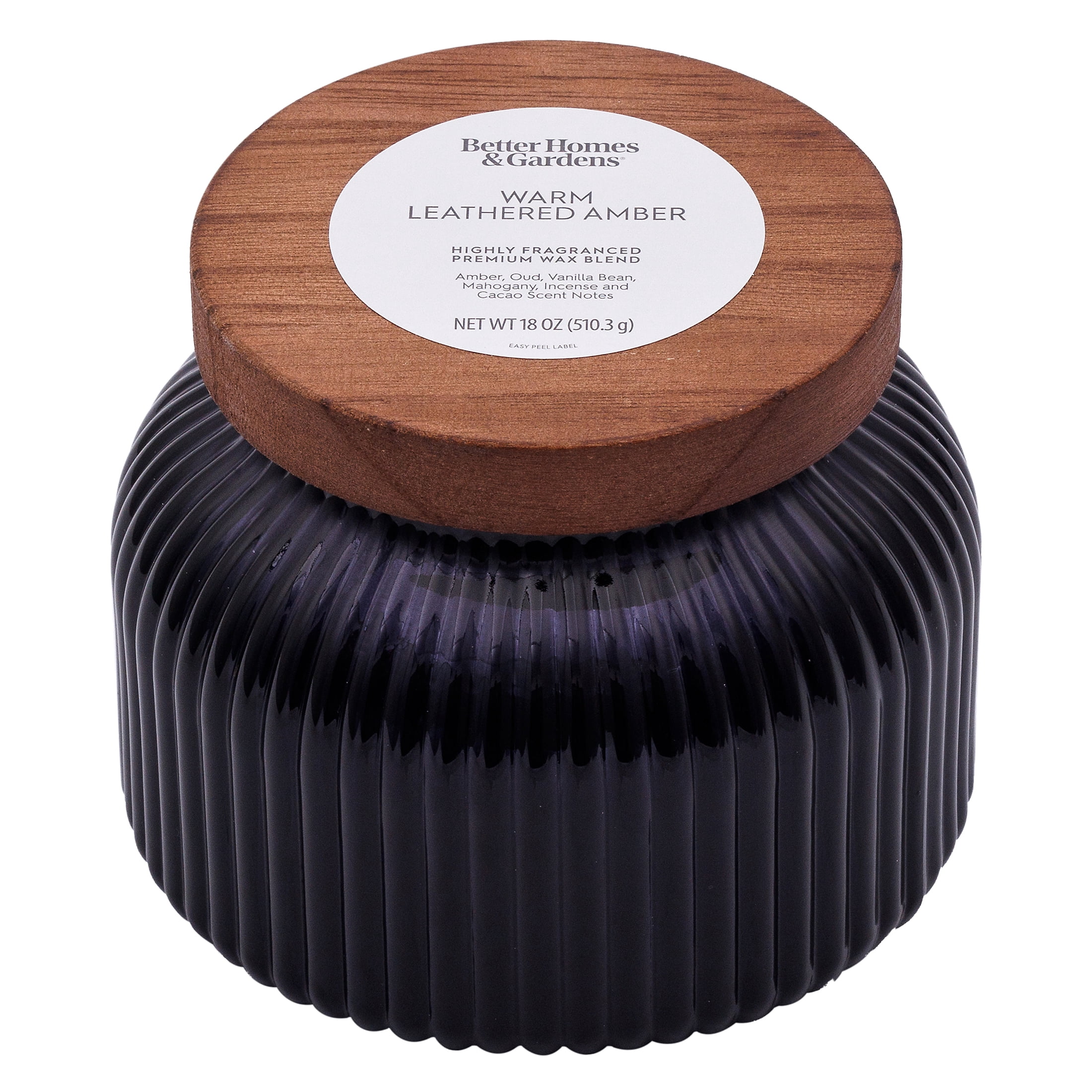 Better Homes & Gardens Warm Leathered Amber Jar Candle, 18 oz, 2 Cotton Wicks, Ribbed Mercury Glass Jar with Wooden Lid
