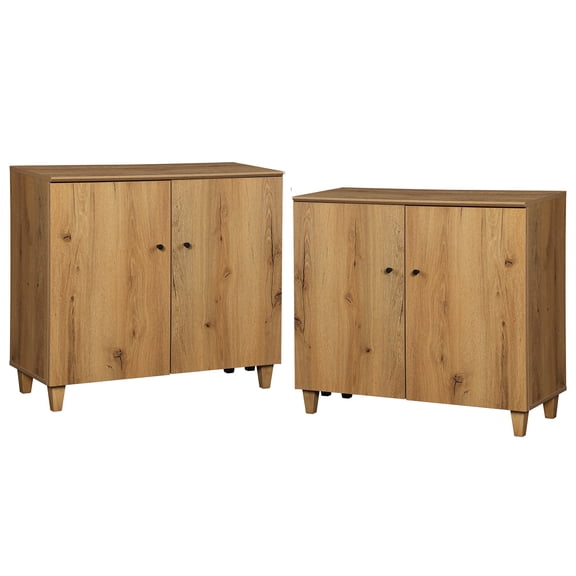 Set of 2 Storage Cabinet with 2 Doors, Modern Accent Cabinets with Solid Wood Legs, Anti-tip Kits, for Living Room, Dining Room Bedroom Hallway, Brown Wood