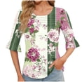 thumbnail image 3 of JTZGDY Cute Floral Tops for Women Dressy Casual Ruffled Half Sleeve Ruched Pleated Crew Neck Graphic T-Shirts Loose Fit Tshirt Tunic Blouse Purple#02 XL, 3 of 8