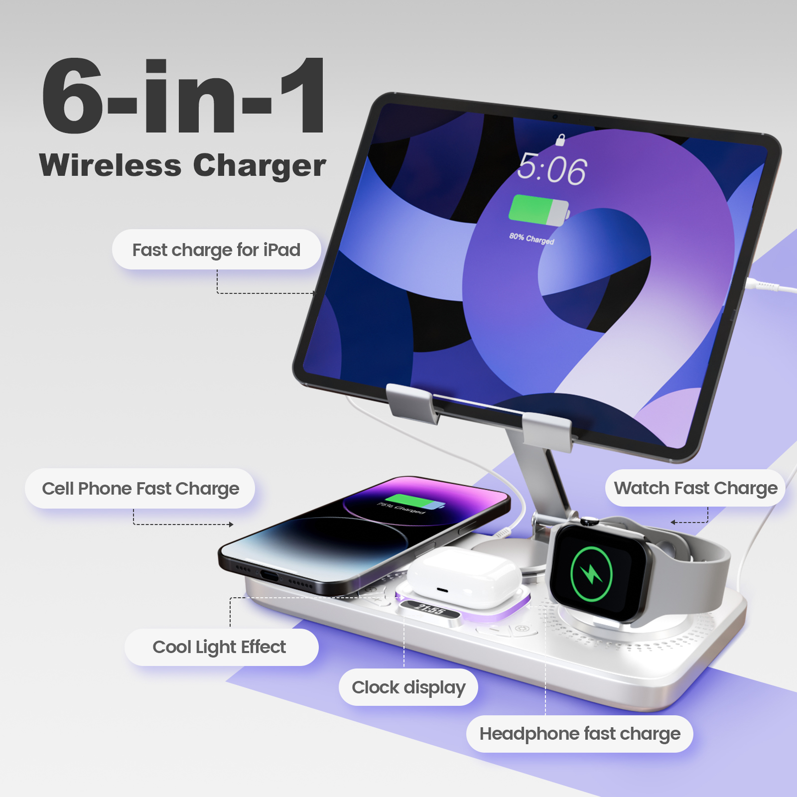 6 in 1 Wireless Charger for iPhone Airpods iWatch, Foldable Charging Station Travel Charging Pad Dock Compatible with Apple 12 and above series,White