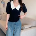 thumbnail image 2 of Top de punto de manga corta con cuello en V,Camiseta de manga corta abombada con cuello vuelto para mujer Blusa de manga corta con bloques de color Acabado de lujo, 2 of 8