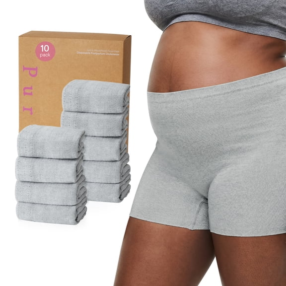 PurComfy 10 Pcs Postpartum Underwear for Women, High Waisted Disposable Boyshort Underwear for Mom Postpartum, Seamless Under Wear for Postpartum Essentials, Waist 28"-42" Stretched, Grey