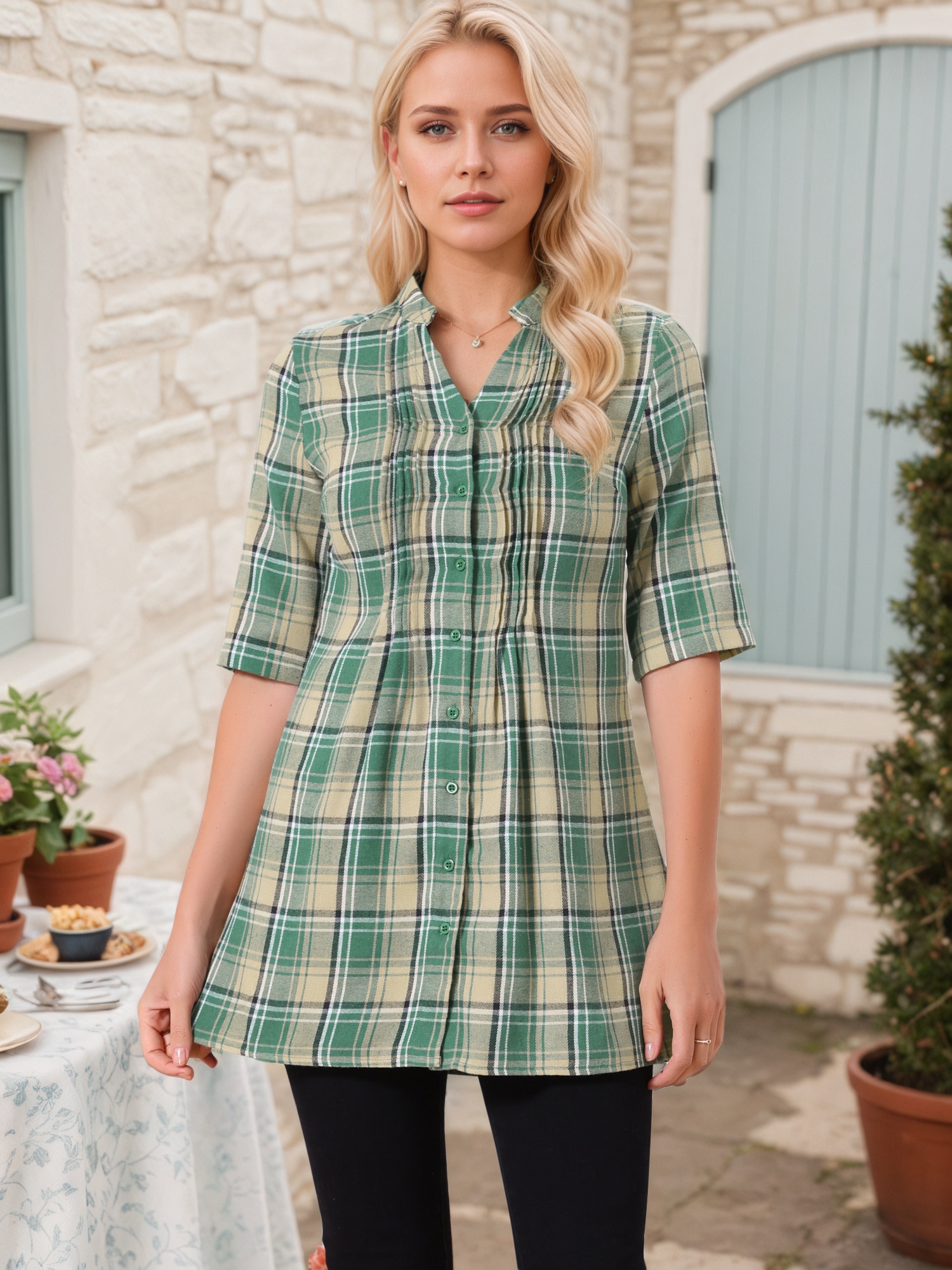 DARING DIVA Women's Check Top V Neck Half Sleeve Casual Tunic Blouse Green S