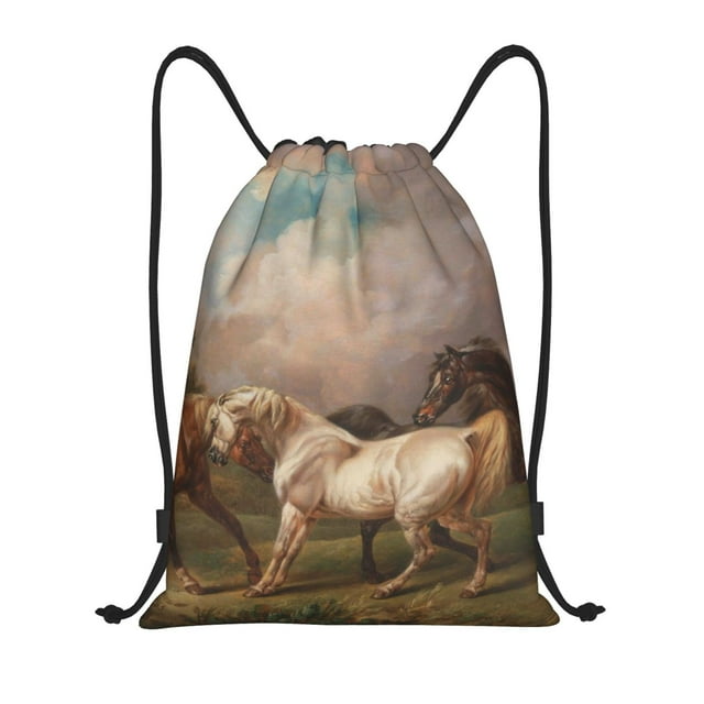 Wukai Three Horses Oil Painting Print Drawstring Backpack Bag Sport Gym Sackpack Large Size String Backpack Cinch for Women and Men-Medium