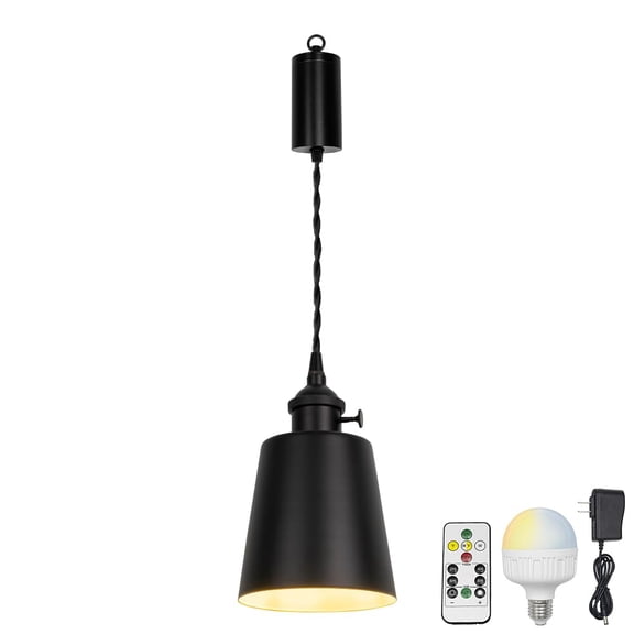 KAYYELAMP Remote Dimmable Rechargeable Battery 3.2Ft Adjustable Height Pendant Light Black Barrel Metal Lampshade Vintage Design for Home Kitchen Bedroom