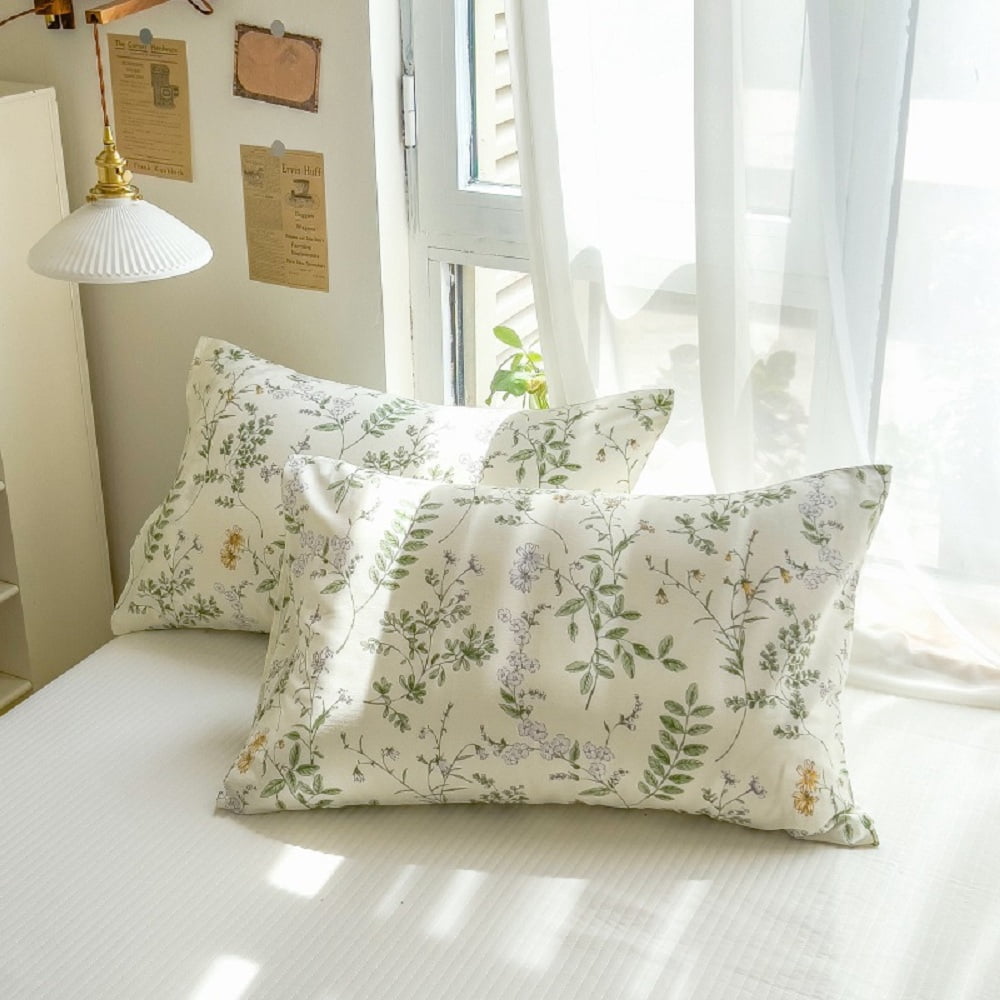 Floral Duvet Cover Twin Size 100% Cotton Reversible Green Botanical Leaf Printd on White Comforter Cover 3 Pieces Soft Breathable Spring Cottagecore Bedding Set with Zipper Closure