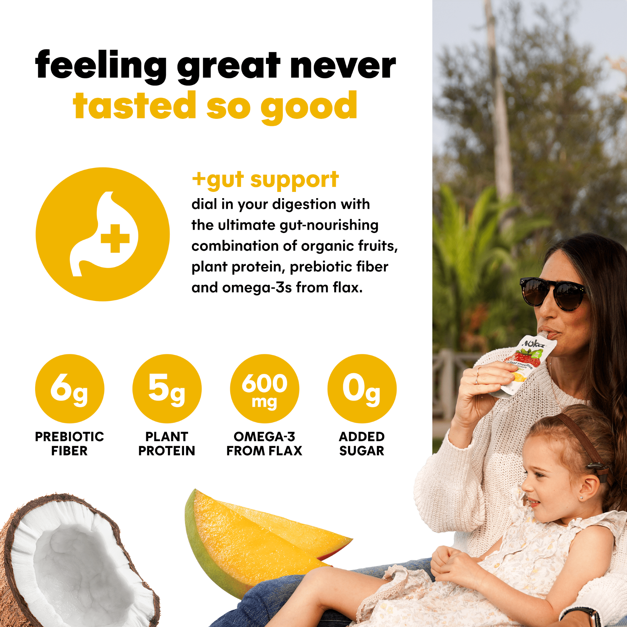 Noka Organic Mango Coconut Superfood Smoothie Pouches with Plant Protein, 4.22oz, 4-Pack