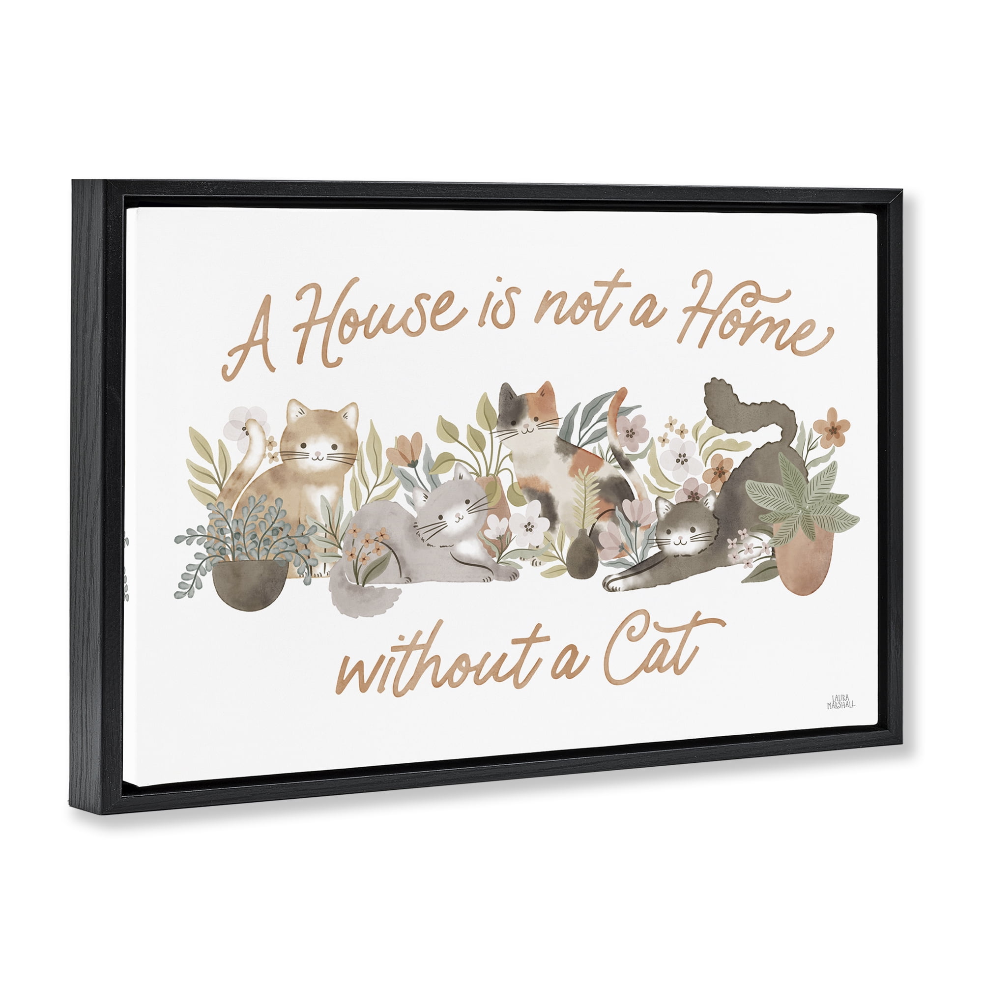 Stupell Industries Cozy Cats & Plants Phrase Animals & Insects Painting Black Floater Framed Canvas Art Print Wall Art, 31 x 21