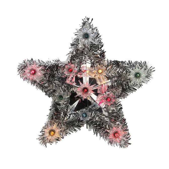 9" Lighted Silver Tinsel Star Christmas Tree Topper MultiColor