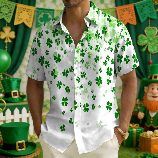 Ceisia Men's St. Patrick's Day Clover Print Short Sleeve Button-Down Shirt Collection | Mixed Green Clover Splatter Print Button-Up Shirt Gifts