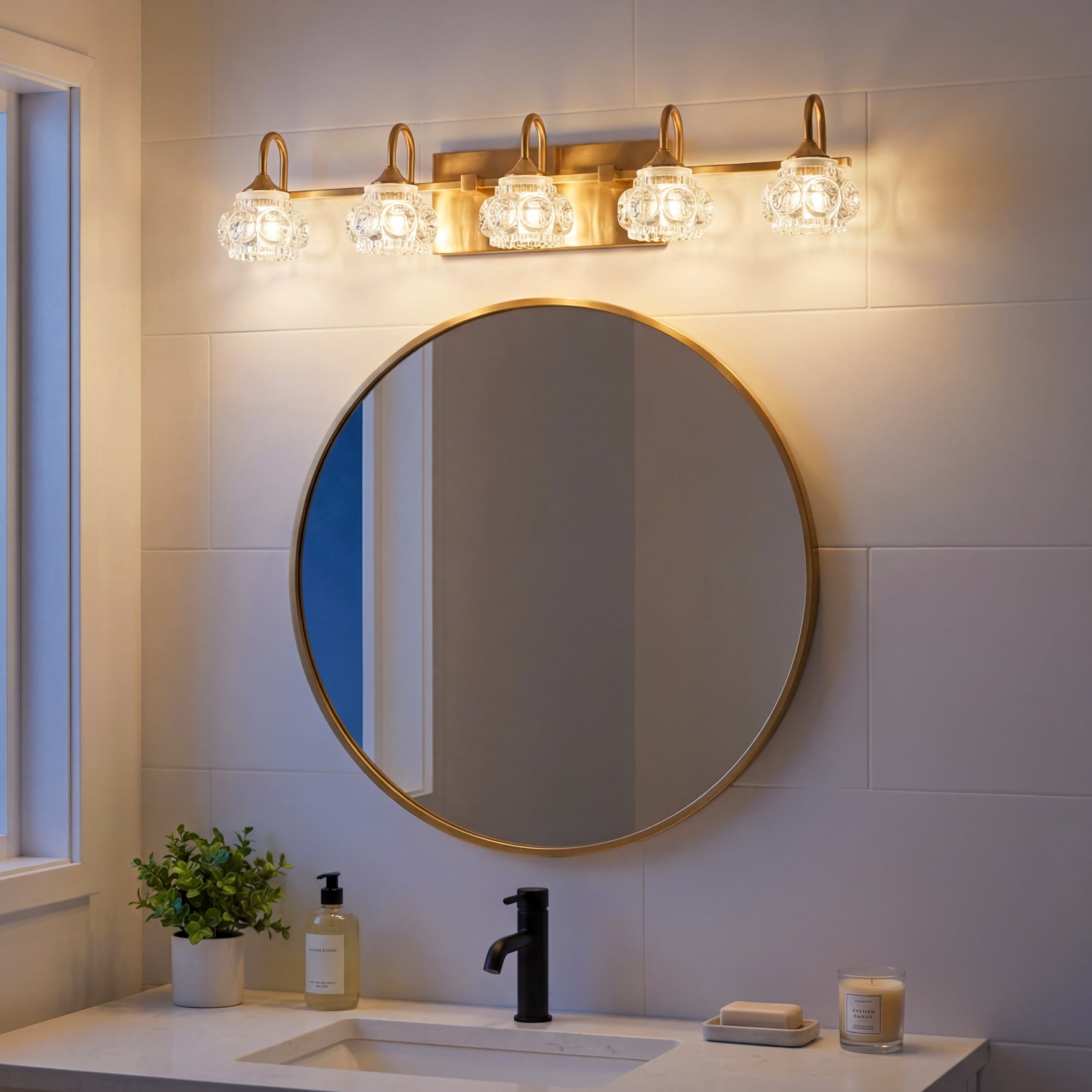 29" Modern 5-Light Gold Crystal Vanity Light with Clear Glass Shades, Elegant Bathroom Wall Sconce for Mirror or Powder Room (Bulbs Not Included)