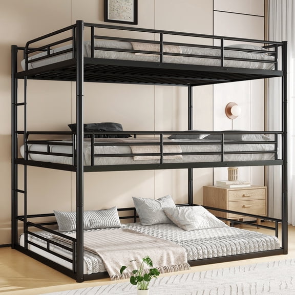 QJTC Queen over Queen over Queen Triple Bunk Bed, Heavy Duty Metal Bunk beds with Built-in Ladder and Safety Guardrail for Teens and Adults