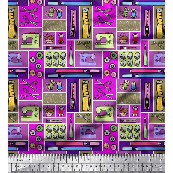 Soimoi Polyester Crepe Fabric Scissor,Buttons & Machine Sewing Printed Fabric 1 Yard 42 Inch Wide