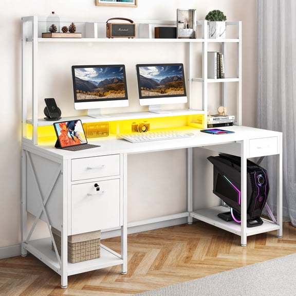 DWVO 59.1"Computer Desk with Power Outlets & Hutch, Office Desk with Storage Shelves & Drawers with Lock, Gaming Desk with LED Lights & Monitor Stand, White