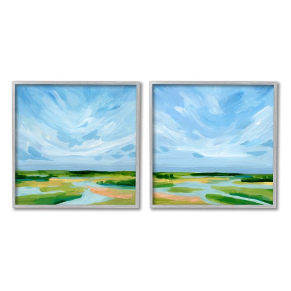 Stupell Industries River Landscape Painting Nature Painting Gray Framed Art Print Wall Art, 17 x 17, Set of 2