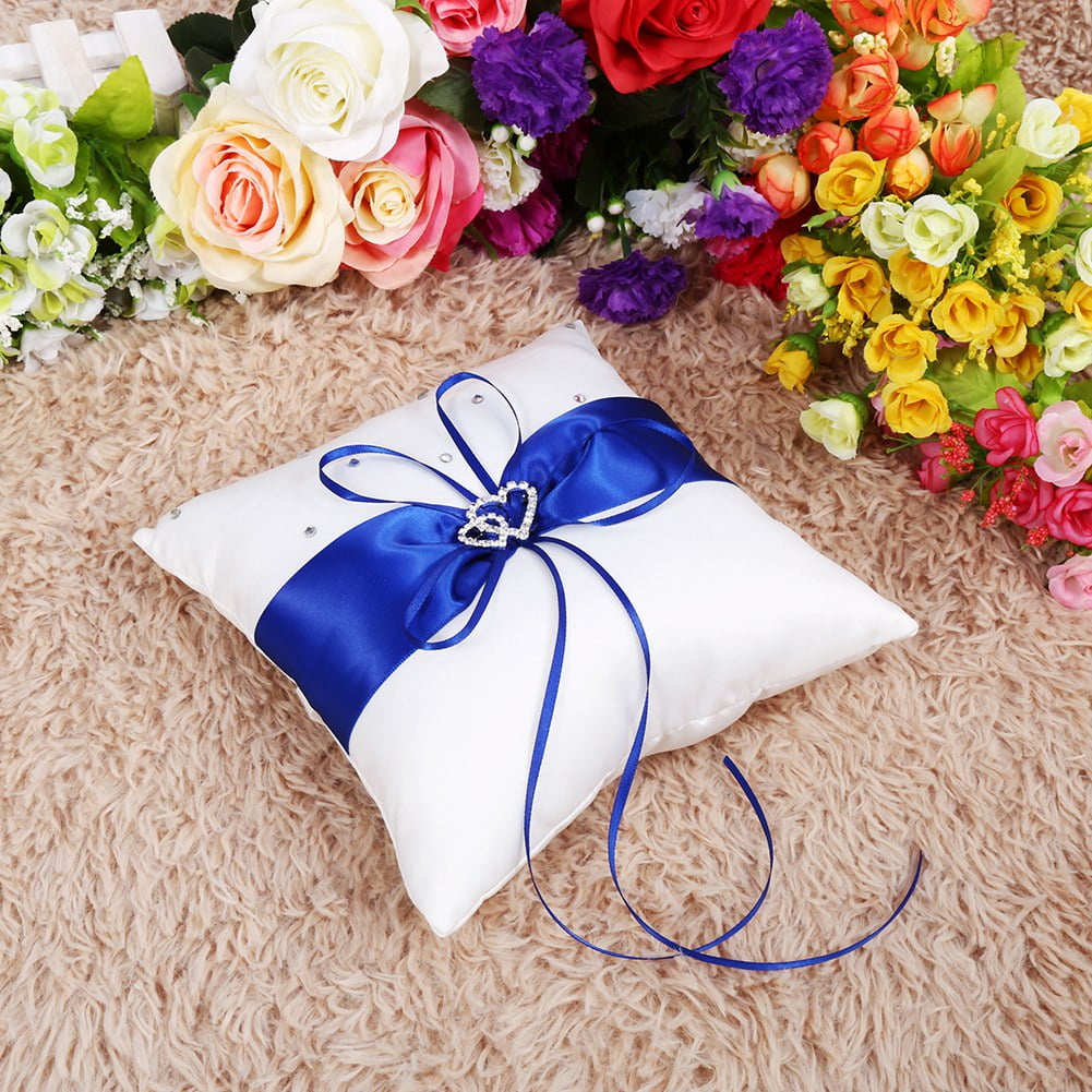 Lsaardth Oreiller Pour Alliances Mariage - Coussin Porteur Anneaux 4 Couleurs Avec Nœud Et Strass Cœurs (Blanc)
