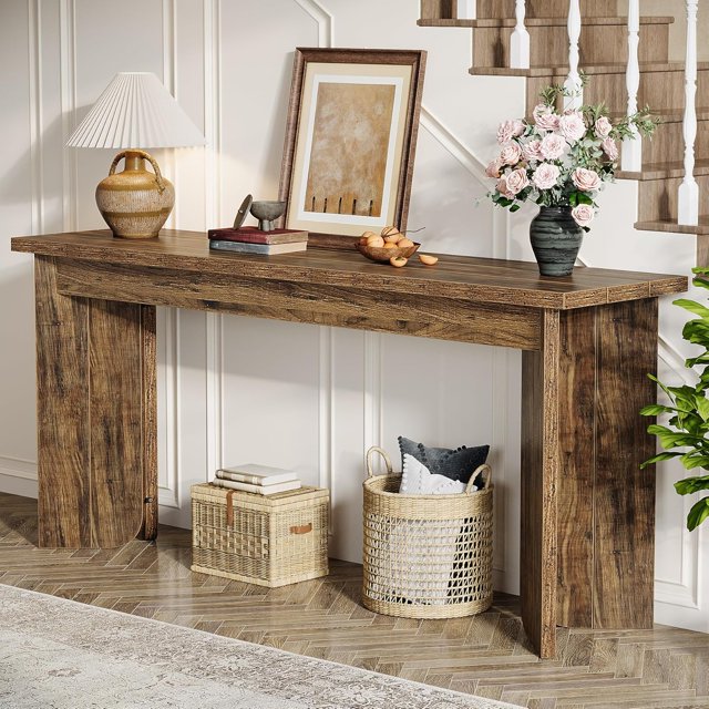 Tribesigns Table Console de Ferme 70,9 Pouces, Table de Canapé en Bois Extra Longue avec Plateau Élargi et Double Piédestal pour Salon, Couloir, Hall d'Entrée, Brun Rustique