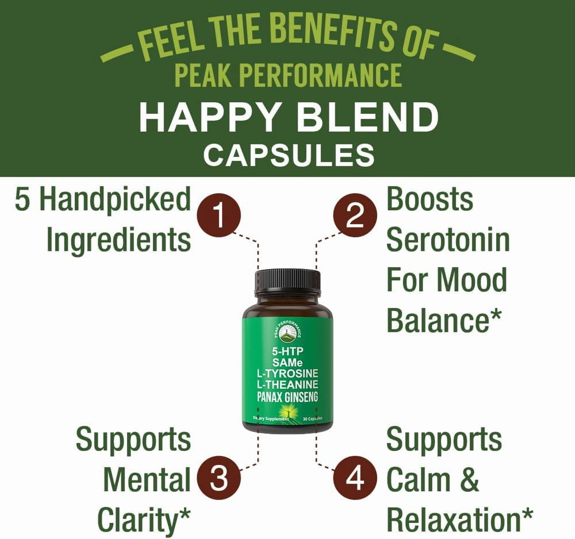 Peak Performance Mood Support Supplement with 5 Top Ingredients: 5HTP, SAM e, L Tyrosine, L Theanine, and Panax Ginseng. Calm, Focus, Relaxation Supplements. Vegan