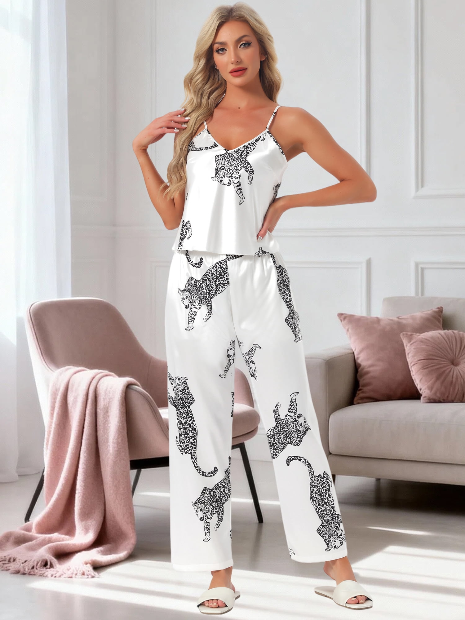 DARING DIVA Women's Leopard Satin Silky Soft V Neck Spaghetti Pants Pajama Set XL White