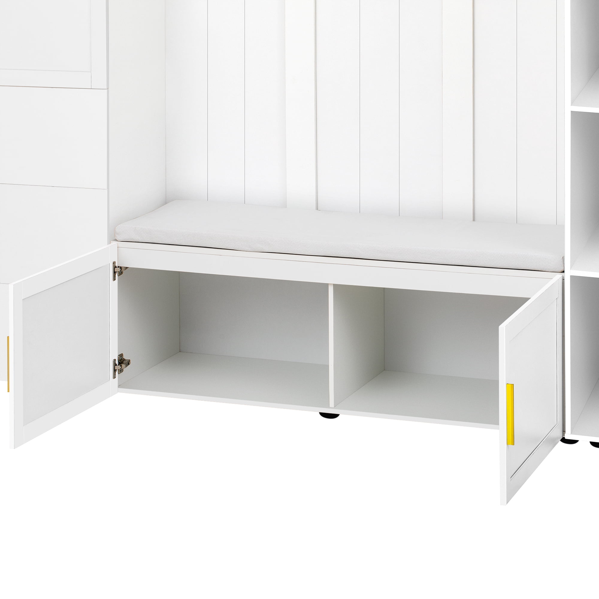 T-Foyer Modern White 4-in-1 Hall Tree with 4 Hooks, Padded Bench & Cabinets, Wooden Rustic Entryway Organizer with Open Storage & 3 Drawers