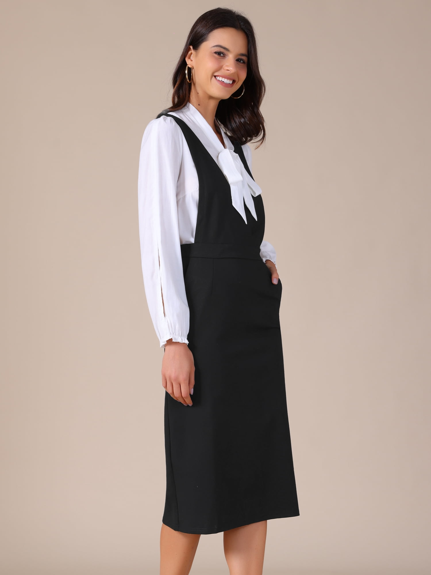 DARING DIVA Women's Pinafore Stretchy Sleeveless V Neck Jumper Dress XS Black